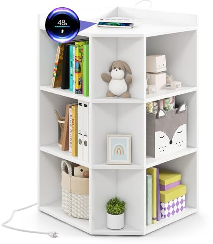 GOPLUS Estantería de Esquina de 3 Niveles, Librería Esquinera con 9 Compartimentos Abiertos y Estación de Carga (4 Tomas y 2 USB), Armario de Almacenamiento para Salón Dormitorio Oficina (Blanco)