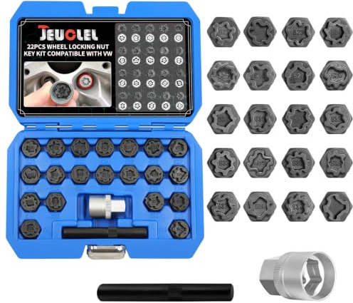 JEUCLEL Juego de 22 llaves de tuerca de bloqueo de rueda compatible con VW | Juego de adaptadores de tuerca de bloqueo de rueda, herramienta antirrobo, removedor de tornillos antirrobo