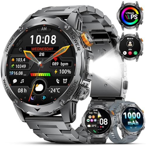 ESFOE Smartwatch män militär med 1 000 mAh batteri/LED-ficklampa/3 armband/5 ATM vattentät, 1,75 tum stor smartklocka med telefonfunktion, utomhus smart klocka fitnessklocka sportklocka för Android