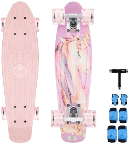 Arrow Board – 22 och 27 tums skateboard, KMX mini Cruiser skateboard för barn, tonåringar och vuxna, retro stil penny bräda (50 cm enhörning presentset LED-hjul)
