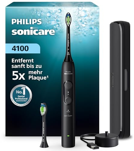 Philips Sonicare Serie 4100 - Spazzolino elettrico sonico con sensore di pressione, 4 impostazioni, EasyStart, SmarTimer, autonomia 21 giorni, custodia, nero, HX4044/52, [Nuovo]