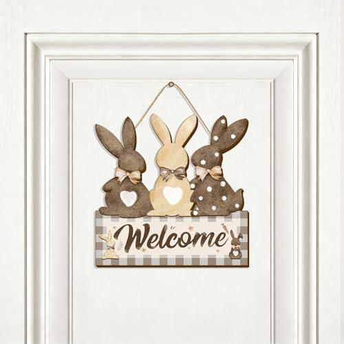 DIELOVEHUA Decorazione Pasqua per Porta, Cartello di Benvenuto Porta di Pasqua, Pasquale da Appendere in Legno, Pasquali Ciondolo Coniglietto, per Porta d'Ingresso Giardino Cortile Festa Primavera (C)