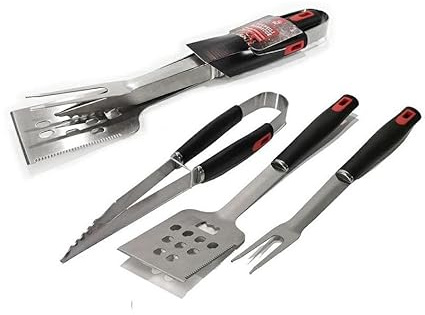 mille idee Set Barbecue 3 Pezzi in Acciaio – Pinza, Paletta e Forchettone – Manico in Plastica Nera Resistente al Calore – Accessori BBQ per Griglia e Barbecue