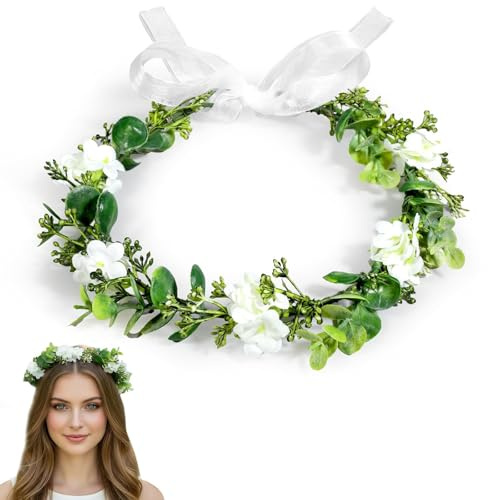 BAUCH Corona de flores para el pelo, 1 ud, flores artificiales y eucalipto, ajustable, para boda, comunión, festival – novia, mujeres, niñas, verde-blanco