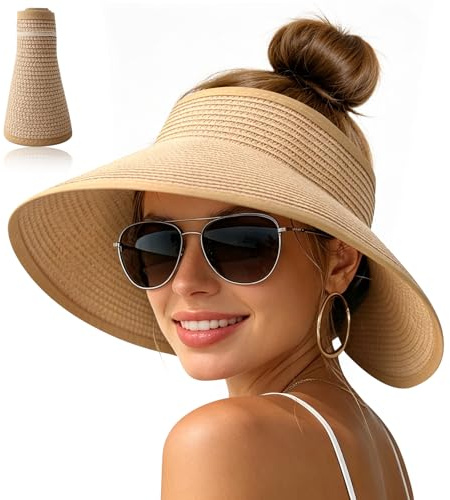 IHLOOTD Cappello Paglia Donna Estivo, Cappello di Paglia da Donna, Cappello Spiaggia Donna con Visiera, Cappello Tesa Larga Donna Pieghevoli, per L'Estate Viaggio e La Spiaggia Vacanze
