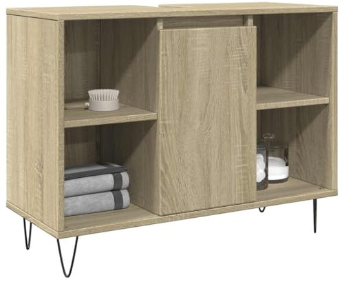 Bendmaxx Badskåp Sonoma-ek trämaterial med järnfötter 80 x 33 x 60 cm, badrumsskåp, 4 fack, 1 dörr för ordning och förvaringsutrymme