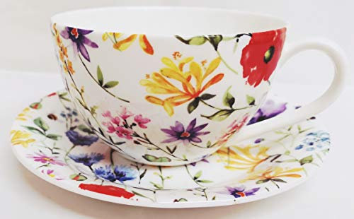Wildflowers Meadow Breakfast Cup & Saucer Fine Bone China Set Hand Decorated in UK