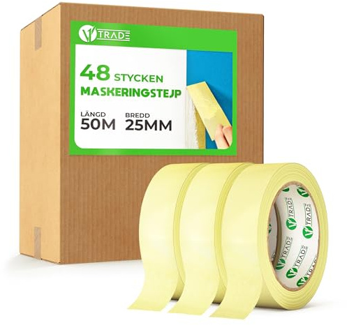 V1 TRADE Målartejp 25 mm x 50 m 48 stycken - Maskeringstejp för målning - Målningstejp vattentät - Lätt avtagbar utan rester