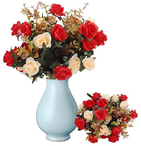 3 Bundles Artificial Flowers Rose Artificial Flowers Outdoor UV Resistant Plants Faux Plastic Greenery Shrubs Indoor Outside Hanging Planter for Home Wedding Office Table Decoration Gift Red