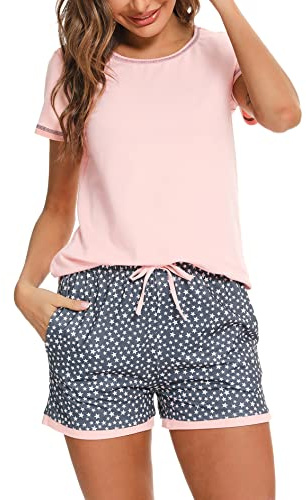Litherday Pijama Mujer Verano Algodón Manga Corta Conjunto de Pijamas Cómodo y Transpirable con Cuello Redondo y Pantalones Cortos Ropa para Dormir con Bolsillos y Cordón S-XXL