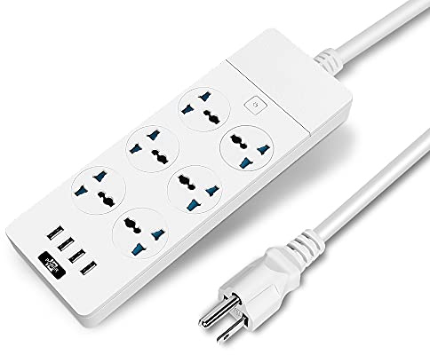 MAOZUA Universal Power Strip with 6 Oulets and 4 USB, 6.5ft Extension Cord 3000W Universal Power Strip Surge Protector 110V-250V Extension Lead for Home Office Dorm Room (White)