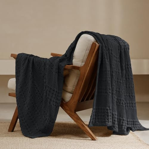 PHF Coperta in 100% cotone a nido d'ape, morbida e leggera, per tutte le stagioni, traspirante e delicata sulla pelle, per divano, letto, divano, 127 x 152,4 cm, nero