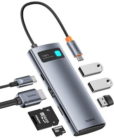 Baseus USB C to HDMI Adapter, 4K@60Hz USB C Docking Station, 7 in 1 USB C Hub with 3 USB-A, PD 100W, TF/SD Card Reader, Compatible for iPhone 15/Mac/Dell/Acer/HP/ASUS/Steam Deck/Rog Ally