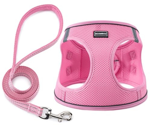 BOOMIBOO Dog Harness with Leash Set, No Pull Adjustable Reflective Step-in Puppy Pet Vest Harnesses for Small Medium Large Dogs and Cats,Pink XS