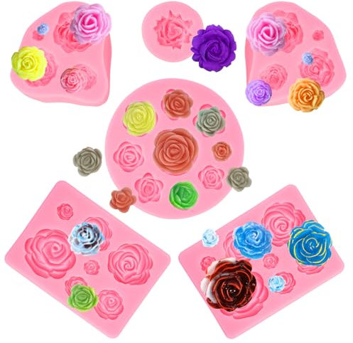 6 Stück Silikonform Blumen, Silikonform Fondant Blumen, Rose Blume Fondant Form, Silikonform Rose Eignen, 3D Blume Silikon Seifen Form für Dekoration Schokolade Handgemachte Süßigkeit Herstellung