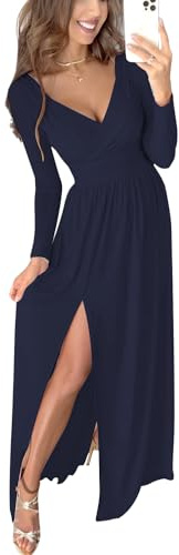 JENJON Vestidos de Mujer 2.0 V Cuello Elegante Manga Larga Maxi Elastica Vestido de Casual Otoño e Invierno 2024