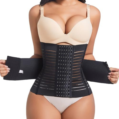 KOEMCY Korsett Damen Bauchweggürtel Damen Fitnessgürtel Schwitzgürtel Sport Waist Trainer Korsett Bauchweg Taillenformer Verstellbarer Body Shaper mit 6 Reihen Haken Bauchweg(Schwarz/XL)
