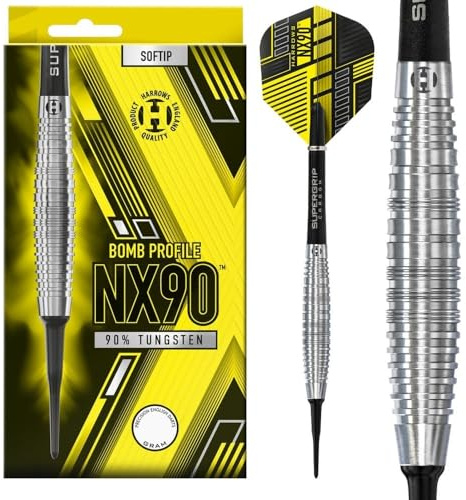 Harrows NX90 Bomb - Juego de dardos profesionales de punta suave, 90% tungsteno, 21 g, 23 g y 25 g, juego de 10 piezas con ejes negros Supergrip Midi y plumas NX90 (forma de bomba, 20 g)
