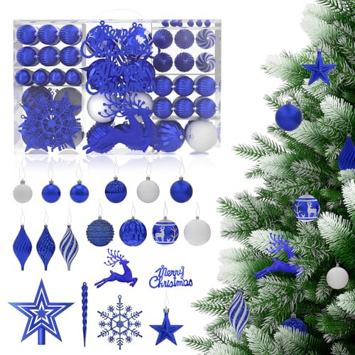 Aufun 108er Set Premium Weihnachtskugeln Kunststoff, mit Baumspitze Christbaumkugeln, Stern, Sichere Christbaumschmuck Set mit Aufhängen, Weihnachtsbaumkugeln Box Mehrweg Weihnachtsbaum Deko (Blau)