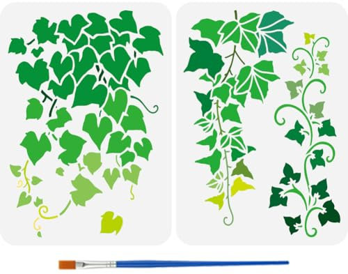 FINGERINSPIRE 2 Plantillas de patrón de hiedra con pincel de pintura de hiedra de 29.7 x 21 cm, plantillas reutilizables para decoración de plantas y vides, plantillas de racimo de vid para pared