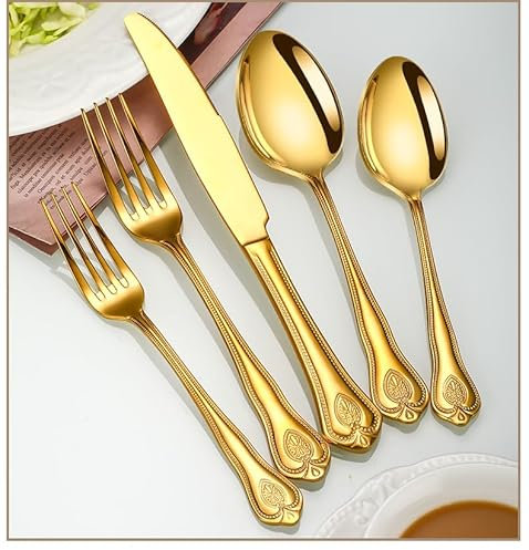 MMRTDJDR Cubiertos de Cubiertos de Cubiertos, Juego de Cubiertos con Cuchillo de bistec Grueso Cuchillo de Cuchillo Cuchara de Horquilla (Oro 30 Piezas para 6)