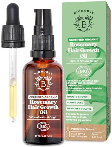 BIONOBLE Aceite de Romero para el Cabello Orgánico - Estimula Crecimiento y Reduce Caída - Aceite Esencial de Romero y Aceite de Ricino - Rosemary Oil Hair Growth - Botella de Vidrio + Pipeta - 50ml