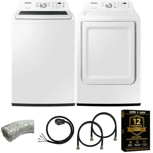 Samsung Smart 4.7 Cu Ft Top Load Washer & 7.4 Cu Ft Electric Dryer, Sensor Stops Overdrying, Low Vibration Quiet Wash, WaterJet w/Power Cords, Hoses, Vent Duct, 1 Year CPS Protection Bundle (White)