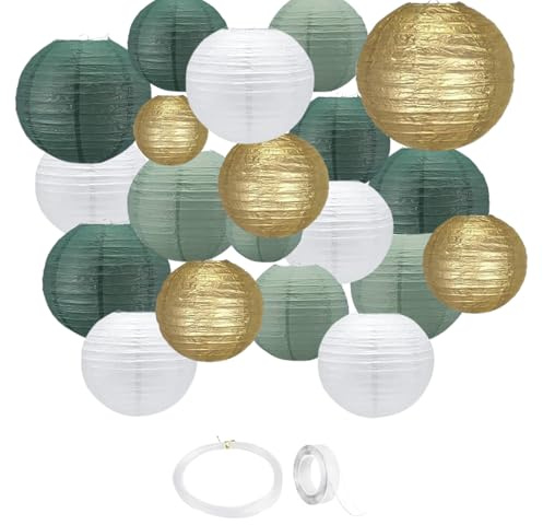 Tubos de papel verde sago, verde bosque, marfil y dorado, farolillos colgantes redondos de 15 cm a 30 cm con cinta adhesiva y cordón para motivos forestales, baby shower, bodas y celebraciones (verde)