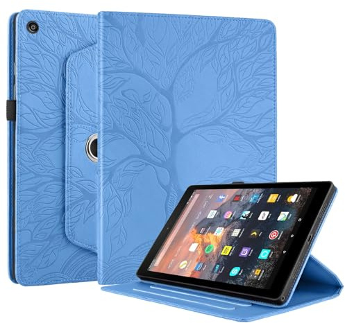 HUOLUNGJIN Custodia con supporto girevole a 360° compatibile con Amazon Kindle Fire HD 8 Tablet (8a/7a/6a generazione, 2018/2017/2016) 8 - Custodia a libro con albero della vita in rilievo (blu)