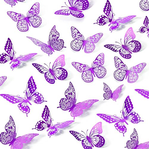 UCLEVER Mariposas 3D doradas metálicas decorativas morado, 48 unidades, 4 estilos, 3 tamaños, mariposas doradas para fiestas de cumpleaños y fiestas