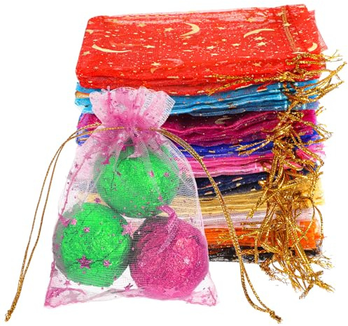 50 st organzapåsar, små presentpåsar dragsko, måne stjärna nät presentpåsar, liten nätväska dragsko, bröllop smyckeväska för bröllop, födelsedag, festival, festgåva, godis, smycken