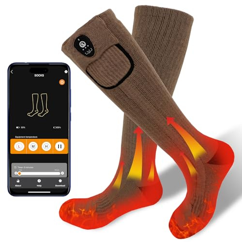 SAVIOR HEAT Heated Socks for Men Women, App Control Merino Wool, 7.4V Rechargeable Electric Battery Ski Socks, Smart Safety 3 Heat Levels for Winter Skiing Hunting Work Hiking Riding Fishing (Large)