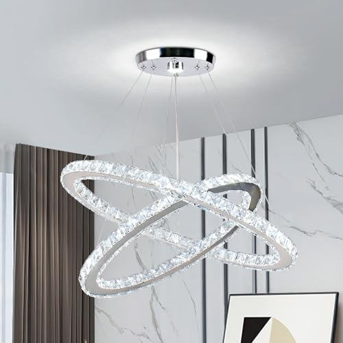 Cainjiazh Lampadario Ovale in Cristallo da 60 cm, Lampada a Sospensione LED a 2 Anelli Bianca Fredda Illuminazione per Soffitto per Isola Cucina Sala da Pranzo Soggiorno e Camera da Letto