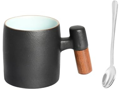 Kaiyzo Elegante Set di Tazzine Caffe Nere in Ceramica con Cucchiaio Acciaio, Tazzina Caffè da Espresso 70ml con Manico Legno, Interno Azzurro – Per Espresso, Latte e Tè