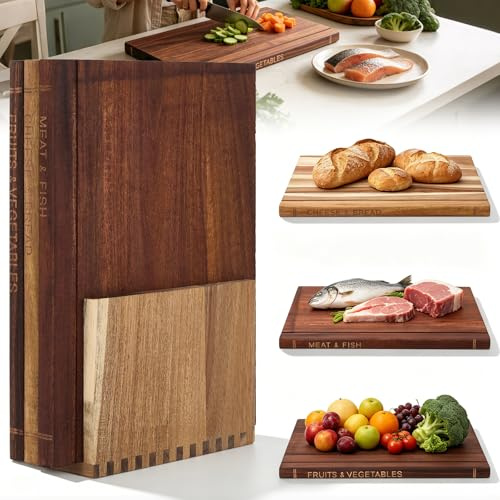 Ensemble Planches à Découper Façon Livre, 4pcs Planche Cuisine avec support | Planche à Découper en Bois avec Rigole à Jus Cutting Board Book Set pour Préparation Repas, aux Fruits et Viande