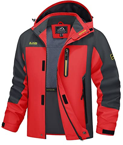 MAGCOMSEN Mens Lightweight Water Resistant Hooded Rain Jacket Spring Windproof Hiking Fishing Jackets Softshell Coat Red Grey, L