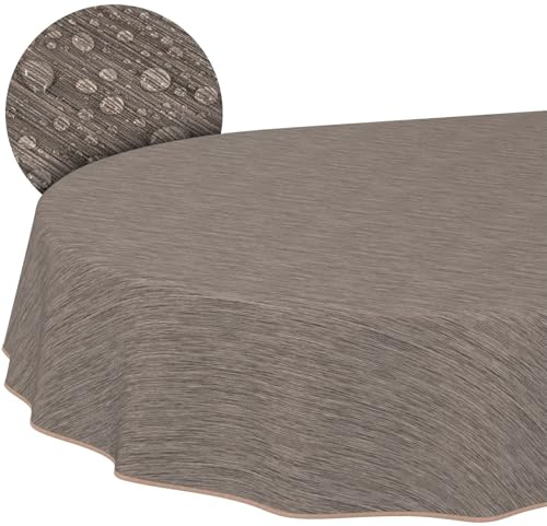 Mantel de Hule Lavable, para jardín, Aspecto de Lino, Cuidado fácil, Impermeable, 180 x 140 cm (Ovalado), Color marrón con Dobladillo