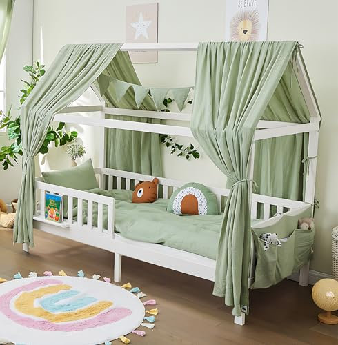 ALAVYA HOME® Hausbett 90x200 mit Rausfallschutz und Lattenrost | Kinderbett 90x200 für Mädchen und Jungen Massivholz der Buche FSC zertifizierter Haus Kinder Bett Montessori Jugendbett - Weiß