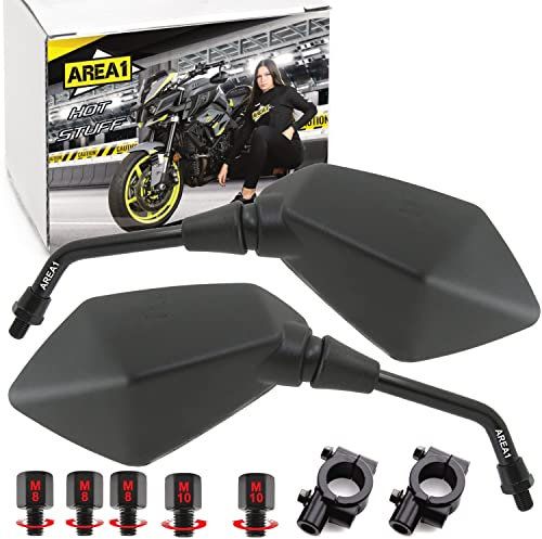 Area1 Universal Motorradspiegel Motorroller Spiegel Motorrad Rückspiegel Set (rechts+links) E-Geprüft 2xM10 Rechts + Linksgewinde, 2xM8 Rechts + Linksgewinde. Inkl. Schraubklemme 22mm M10 (K1)