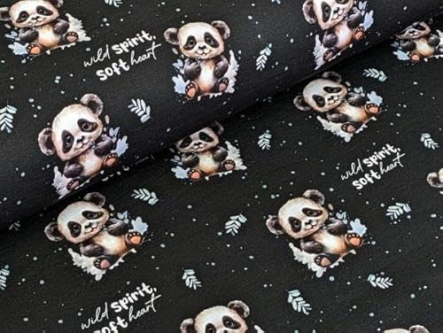 Eigenproduktion Baumwolljersey Pandabär auf Anthrazit Stoff Meterware Kleiderstoff