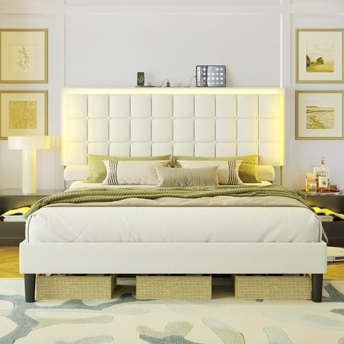 AMERLIFE King Size Upholstered Bed Frame with LED Lights, Soft Fabric/Button Tufted Platform Bed with Charging Station/Wood Slat Support/Noise Free, White