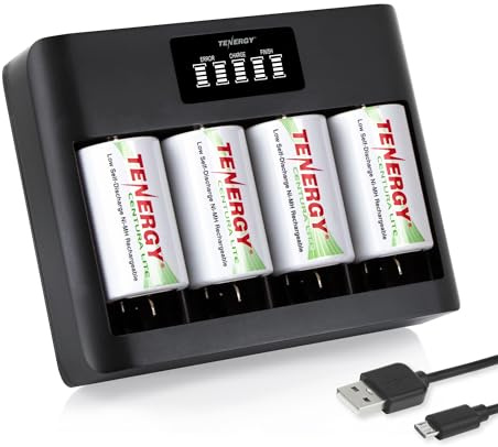 Tenergy Confezione da 4 batterie Centura Lite D Size e caricabatterie universale TN486U a 5 alloggiamenti con LCD, ingresso micro USB/tipo C