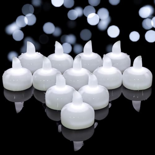 Yakpo 12 PCS Cool White Flickering LED Floating Tea Light, Battery Operated Floating Tea Lights Candles, Outdoor Flameless Waterproof Votive Tealights Bulk, Wedding Party, Tub, Pool, SPA Decorations