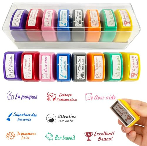 KBIBCK 8PCS Tampons Enseignants Français, Tampon Encreur pour Enfant, Tampon personnalisé vetement enfant, TamponAuto Encreur, Maitresse décole pour Cadeau Professeur et Encourager Élèves
