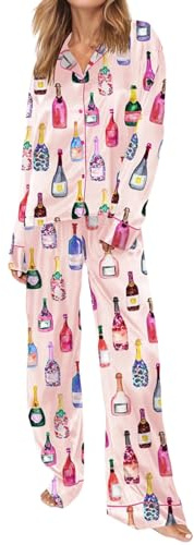 Alaurbeauty Ensemble pyjama en satin de soie pour femme long pyjama bouteille de champagne à manches longues boutonnière chemise et pantalon vêtements de nuit deux pièces ensembles pjs tenue de