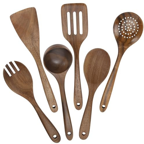 HMIEPRS 6 Pezzi Set Utensili Cucina Legno, Resistenti Spatole Antigraffio per Pentole Antiaderenti, Set Cucchiai Spatole Raschietto Cucina Resistenti al Calore per Girare Spalmare Raschiare Alimenti