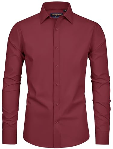siliteelon Men's Shirt Casual Long Sleeve Burgundy Shirts for Men Adult Work Stretch Iron Free Business Wedding Party Shirts 2XL