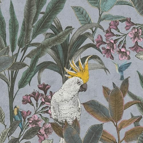 Carta da parati con uccelli Profhome 397483-GU Carta da parati TNT goffrata a caldo leggermente strutturata con design giungla opaca grigio azzurro verde giallo 5,33 m2