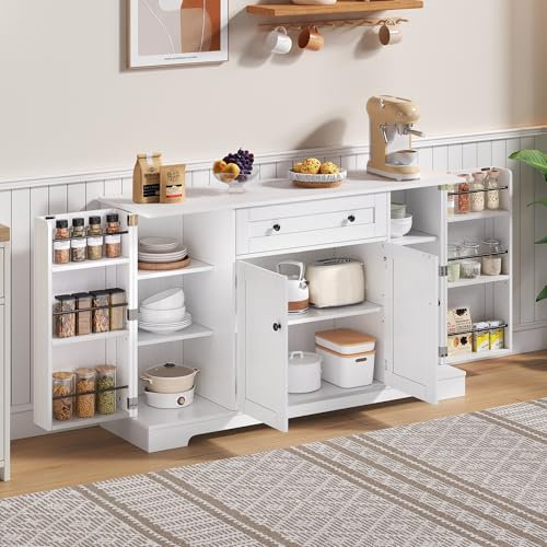 DRIXNO Multifunktionales Küchenbuffet – 138 cm Sideboard mit Schublade, Regaltüren & Verstellbaren Einlegeböden – mit Kippschutz, Küche, Wohnzimmer & Schlafzimmer Weiß