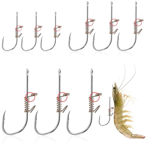 BOXOB 9 Uds Anzuelos Camarones Vivos, 3 Tamaños Acero Inoxidable 2/3/4 Anzuelos de Pesca para Camarones Vivos con Púas con Banda de Goma Resorte para Varios Peces